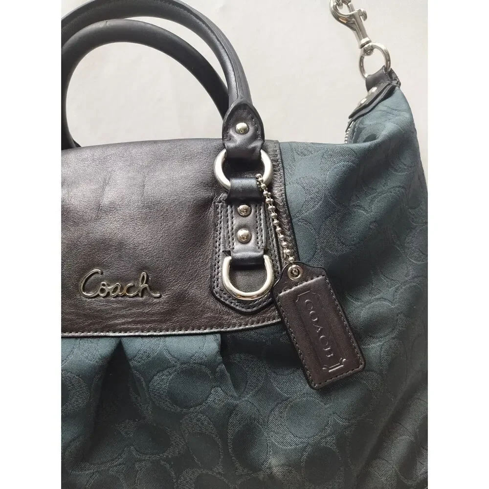 Coach Ashley Signature Dark Blue Canvas Black Leather Trim Satchel Shoulder Bag